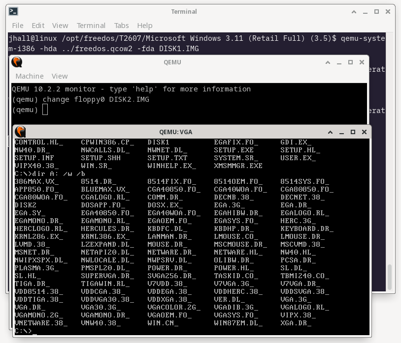 three overlapping windows; the front window shows DIR commands, the second window shows a "change floppy0" command