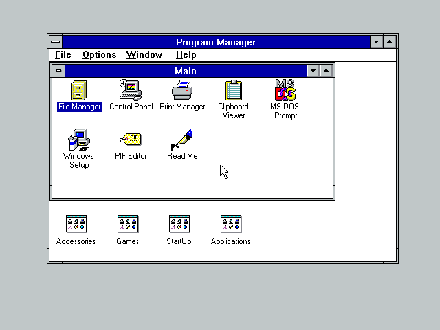 several computer icons on a desktop: file manager, control panel, print manager, and others