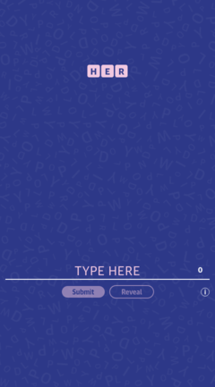 a blue background with the letters H E R in pink at the top, and a "type her" box at the bottom