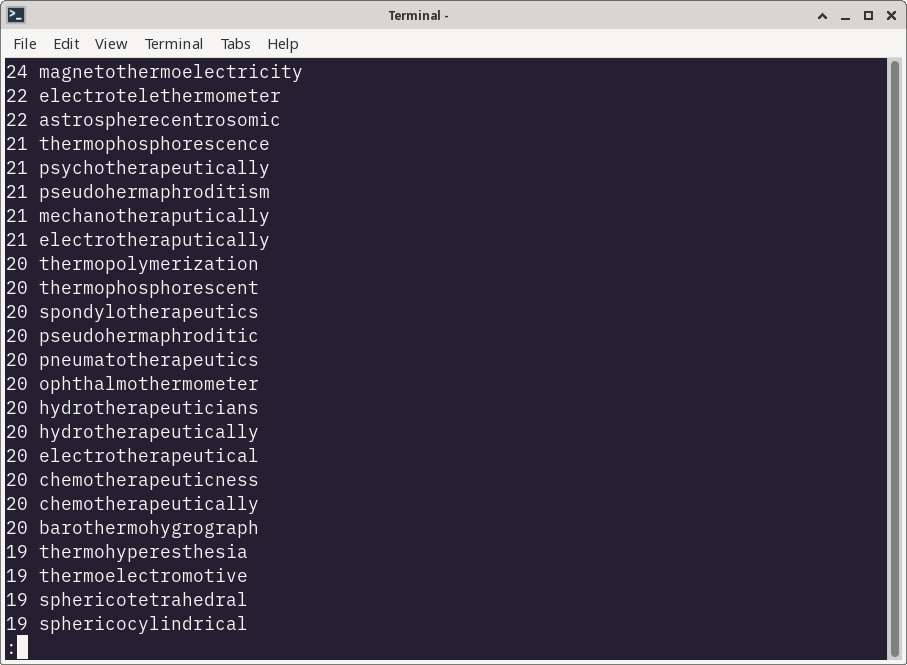 a list of words viewed in a terminal emulator on Linux