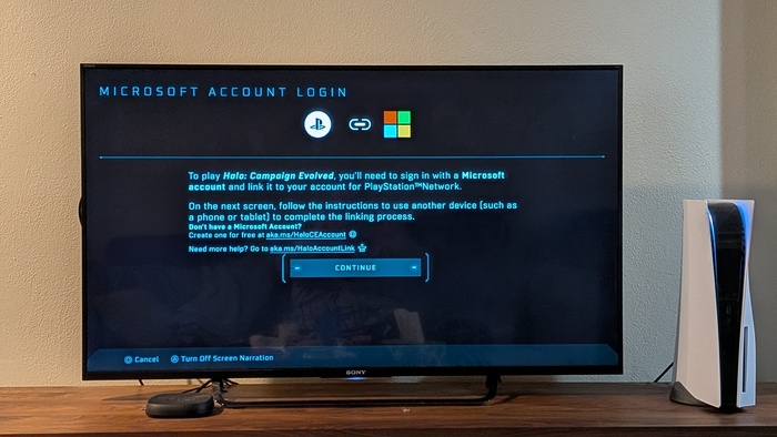 A prompt requiring the user to set up a Microsoft account to play Halo on PlayStation 5