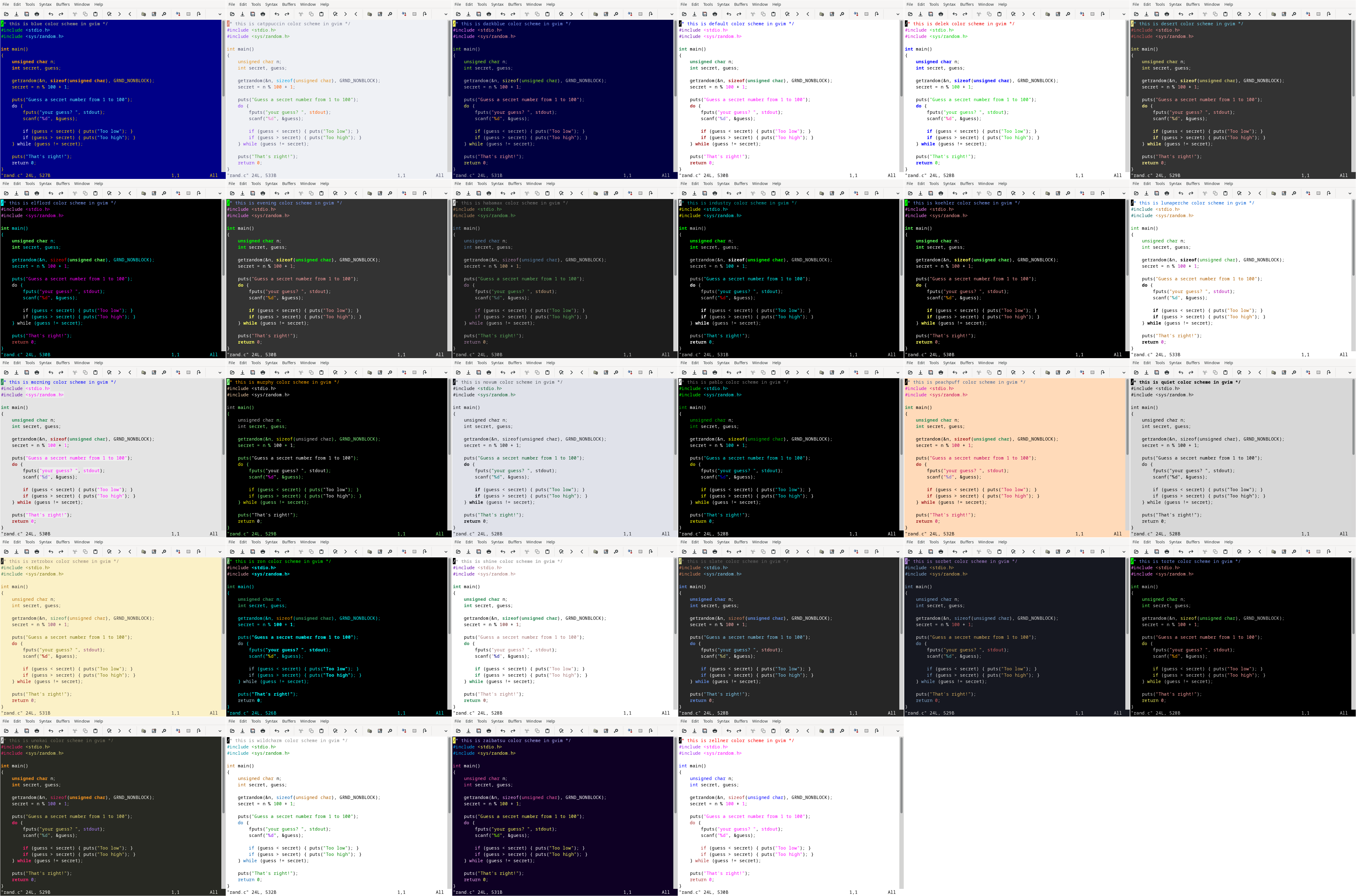 A montage of all 28 GVim color schemes