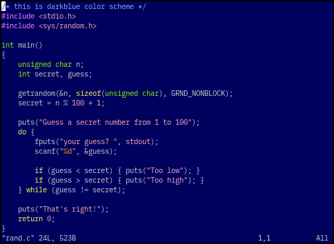 Vim color scheme with white text on a blue background