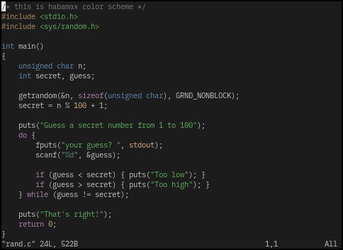 Vim color scheme with light and muted colors on a black background