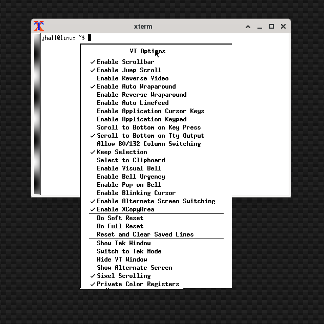 a menu displayed in black and white over a plain terminal