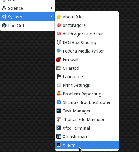 a menu showing a list of system applications; xterm is at the bottom
