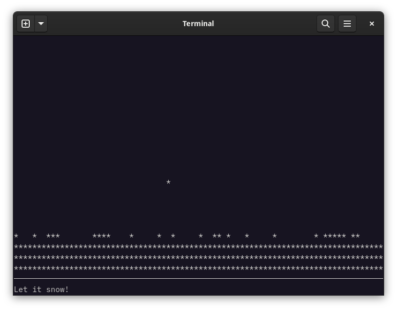 Screenshot of a program showing gently falling snow on a Linux terminal