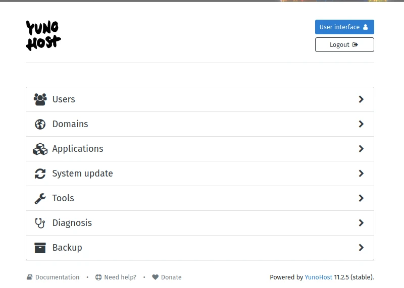 Yunohost control panel