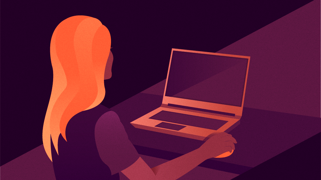 Stylized image in shades of orange of a woman sitting in front of a laptop.