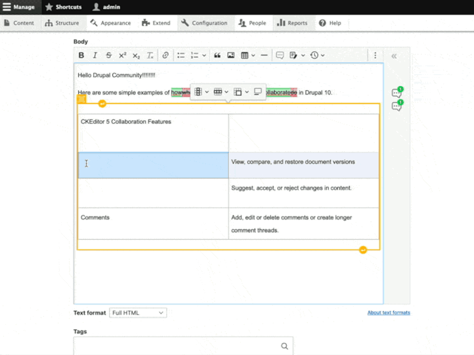 Screenshot of the editor open with the Drupal editor open showing table formatting