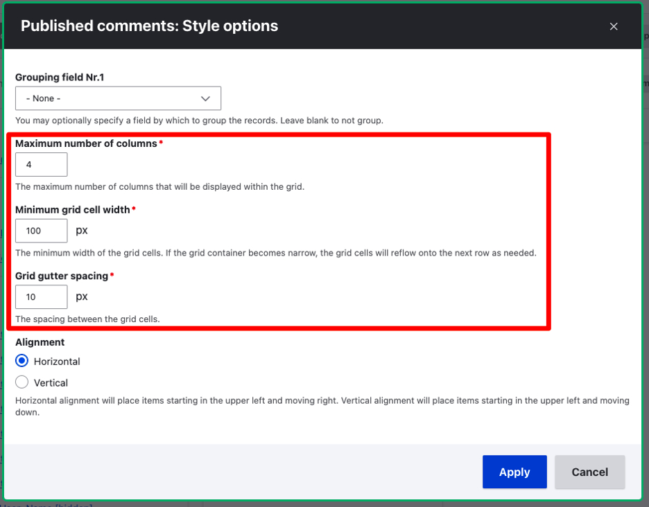 Published comments: Style options
Maximum number of columns: 4
Minimum grid cell width:100 px
Grud gutter spacing: 10 px