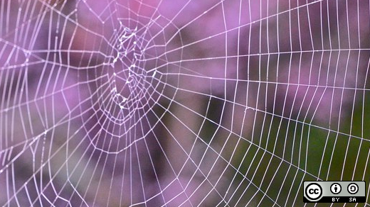A spider web with dew on a purple background.