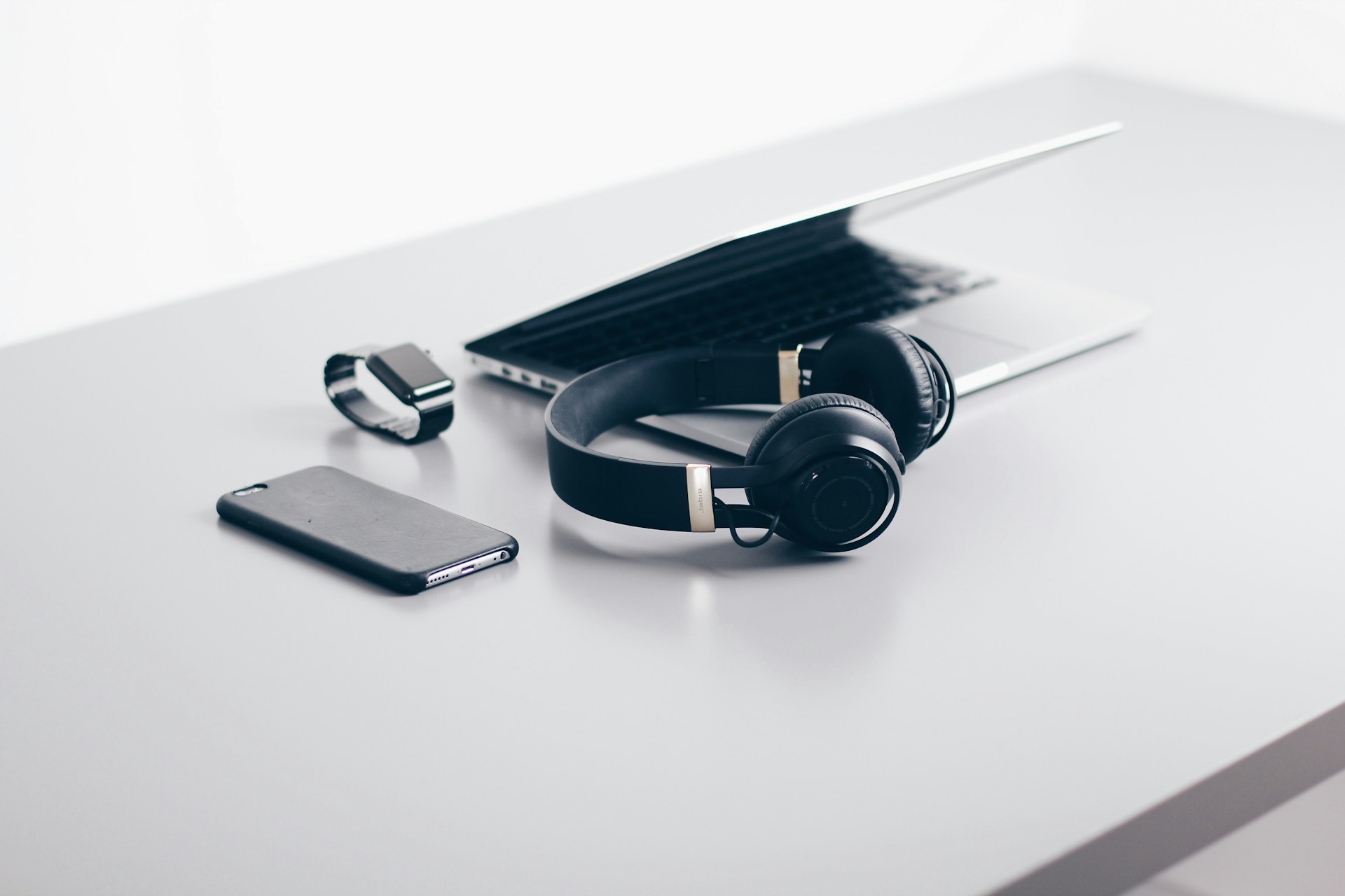 Image of computer peripherals and devices on a desk