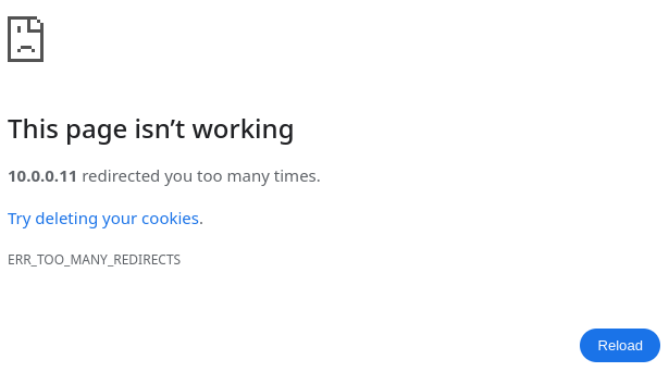 screenshot of the Firefox web browser, showing an error of too many redirects
