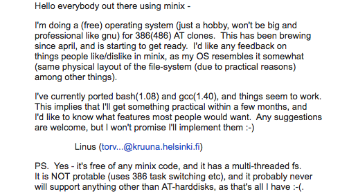 Screenshot of the original Linux announcement by Linus Torvalds