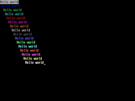 the text 'hello world' printed in different colors in a step pattern from upper left to lower right
