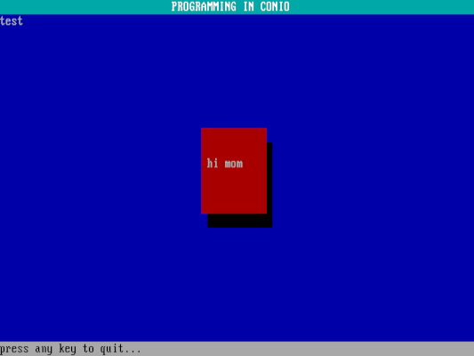 'hi mom' in a red window with a shadow, 'test' in white on a blue background, with header and footer