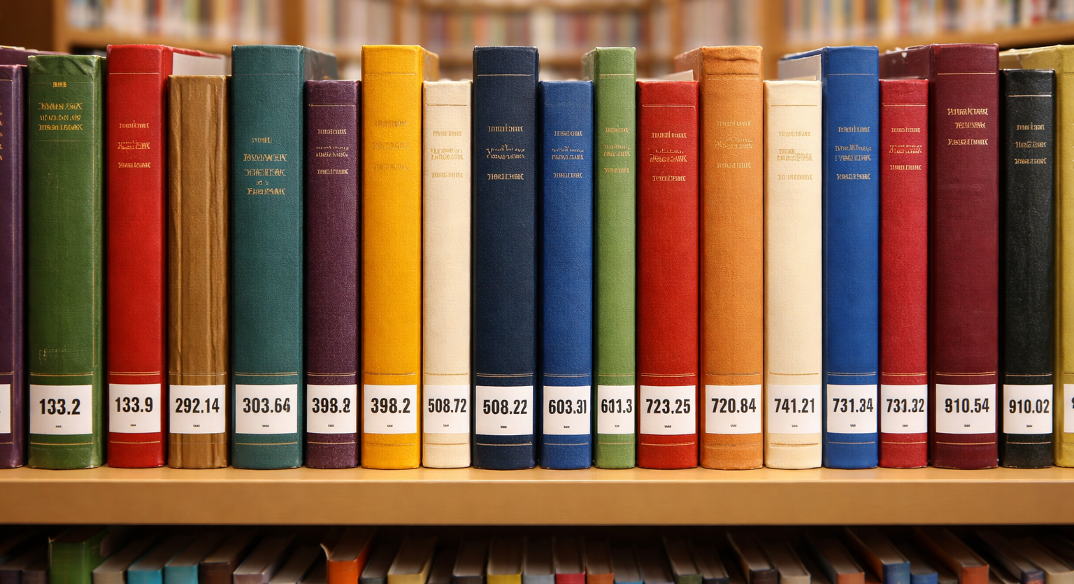 Books on a library shelf with Dewey Decimal System tags in the spine and illegible titles.