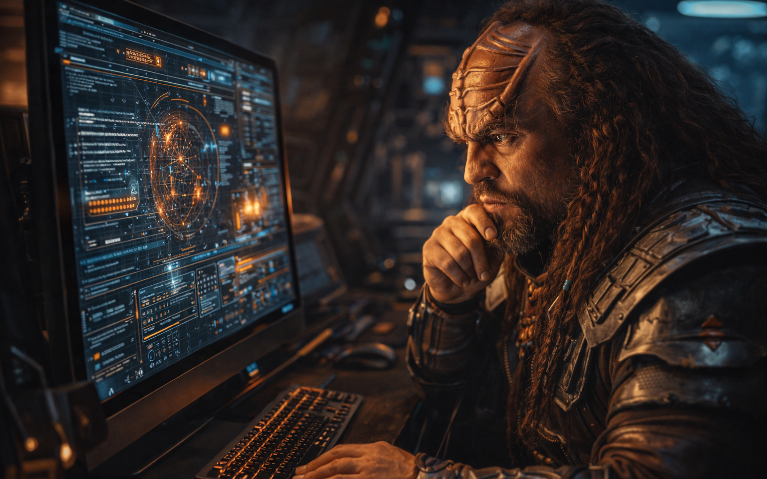 A Klingon working at a computer is leaning forward with his right hand lightly grasping his chin to view the screen as if in deep thought or curiosity.